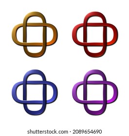 A 3D Rendered Illustration Of A Set Of 4 Solomons Knot Each In A Different Colored Metallic Finish, Isolated On A White Background.