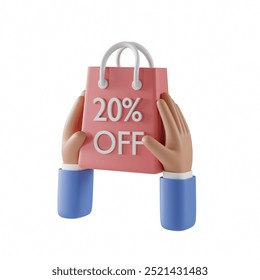 3D rendered illustration of shopping concept and special discount offer with cartoon hand holding shopping bags. with discount percentage sign 20% isolated on white background