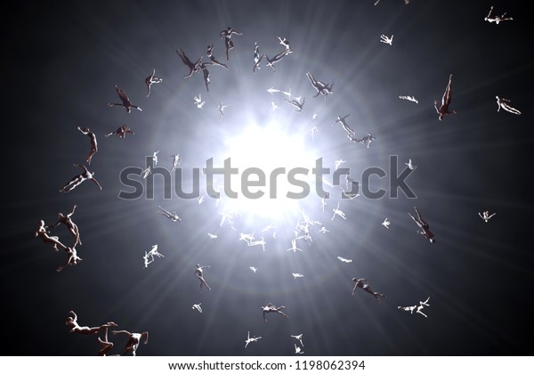 3D rendered\
illustration of Souls of deceased People streaming into the white\
light and afterlife of\
heaven.