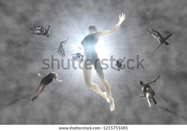 3D rendered\
illustration of Souls of deceased People streaming into the white\
light and afterlife of\
heaven.