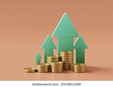3D rendered illustration of a stack of gold coins icon with a green arrow pointing up. It represents financial growth. increase in investment or profits in business