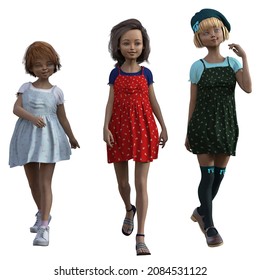 3d Rendered Illustration Of Three Cute Little Mango Sisters Or Girls Dressed In Colorful Dresses