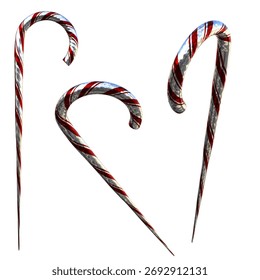 3D rendered illustration of three sharp, metallic candy canes with red and white striped patterns, blending festive sweetness with a dangerous, weapon-like design, isolated on a white background. 