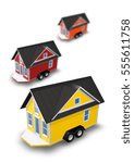 3D Rendered Illustration of three tiny houses on trailers.  Homes are isolated on a white background.
