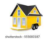 3D Rendered Illustration of a tiny house on a trailer.  House is isolated on a white background.