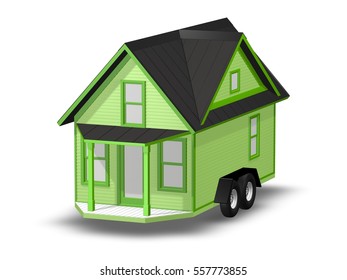 3D Rendered Illustration Of A Tiny House On A Trailer.  House Is Isolated On A White Background.  House Has Front Porch With Overhang.
