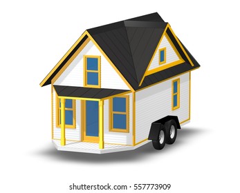 3D Rendered Illustration Of A Tiny House On A Trailer.  House Is Isolated On A White Background.  House Has Front Porch With Overhang.