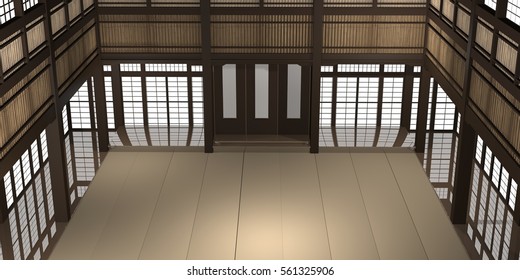 3d Rendered Illustration Of A Traditional Karate Dojo Or School With Training Mat And Rice Paper Windows.