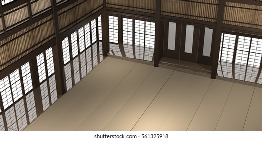 3d Rendered Illustration Of A Traditional Karate Dojo Or School With Training Mat And Rice Paper Windows.