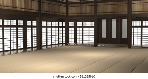 3d Rendered Illustration Of A Traditional Karate Dojo Or School With Training Mat And Rice Paper Windows.