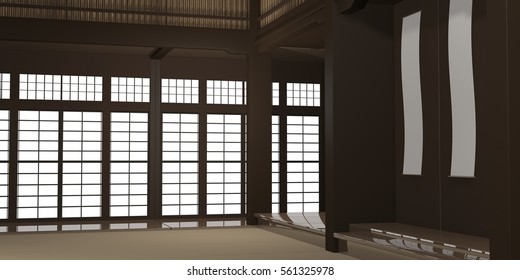 3d Rendered Illustration Of A Traditional Karate Dojo Or School With Training Mat And Rice Paper Windows.