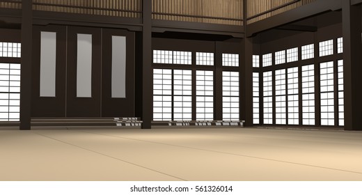 3d Rendered Illustration Of A Traditional Karate Dojo Or School With Training Mat And Rice Paper Windows.