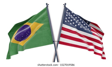 3d Rendered Illustration Of United States Of America USA And Brazil Relationship Flag With White Background