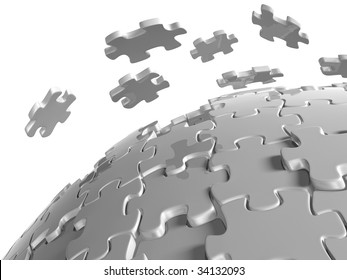 3D Rendered Illustration Of White Puzzle Pieces Coming Together, On A Spherical Surface