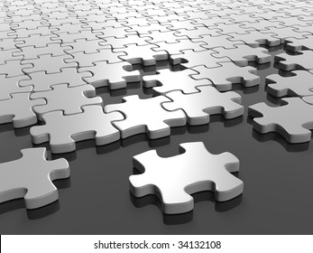 3D Rendered Illustration Of White Puzzle Pieces Coming Together, On A Gray, Reflective Surface