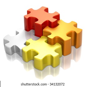 3D Rendered Illustration Of White, Yellow, Orange And Red Puzzle Pieces Coming Together, Isolated In White Background