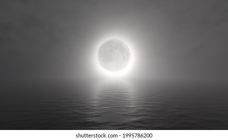 A 3D rendered illustration wide angle view of a hazy moon eclipse over an ocean horizon.