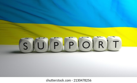 3D rendered illustration of word SUPPORT written on dices in front of waving Ukrainian flag illustrating Europe and world supporting regime of Ukraine in their war against Russian attack. - Powered by Shutterstock