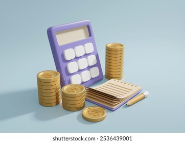 3D rendered illustrations of financial planning and budgeting icons. There is a purple calculator, a pile of gold coins, a notebook, and a pencil on a light blue background. Budgeting concepts - Powered by Shutterstock