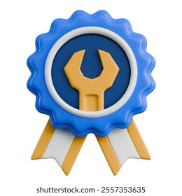 A 3D rendered image of a blue award badge featuring a golden wrench, symbolizing excellent repair services. - Powered by Shutterstock