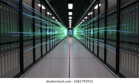 3d rendered image of a datacenter with an abstract AI object in the center being built up.