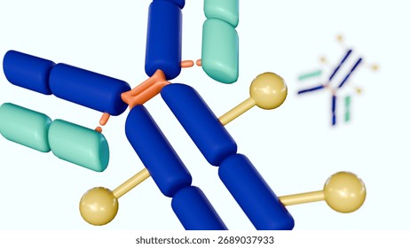 A 3d rendered image displays multiple Y-shaped antibody molecules. They are depicted in blue and light blue segments connected by orange and yellow parts, illustrating antibody-drug conjugates (ADCs).