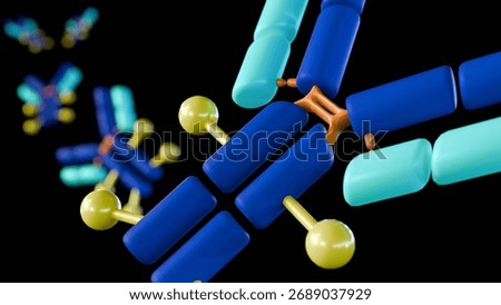 A 3d rendered image displays multiple Y-shaped antibody molecules. They are depicted in blue and light blue segments connected by orange and yellow parts, illustrating antibody-drug conjugates (ADCs).