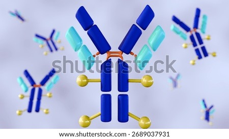 A 3d rendered image displays multiple Y-shaped antibody molecules. They are depicted in blue and light blue segments connected by orange and yellow parts, illustrating antibody-drug conjugates (ADCs).