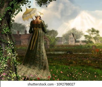 3d Rendered Image Of An Elegant Jane Austen Style Woman Strolling The Countryside, Regency Dress