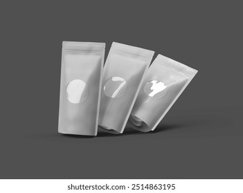 3D rendered image of  a glossy sealed stand-up pouch with a transparent window on a dark background