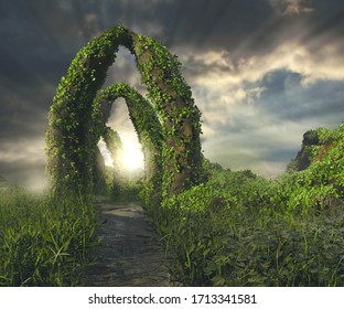 A 3D Rendered Image Of A Landscape With Fantasy Ruins Like Portals  Filled With Ivy And Green Plants Under A Dramatic Sky With God Rays. 