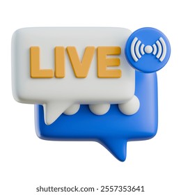 3D rendered image of live streaming announcement.  Social media chat bubbles with live text and wifi symbol.