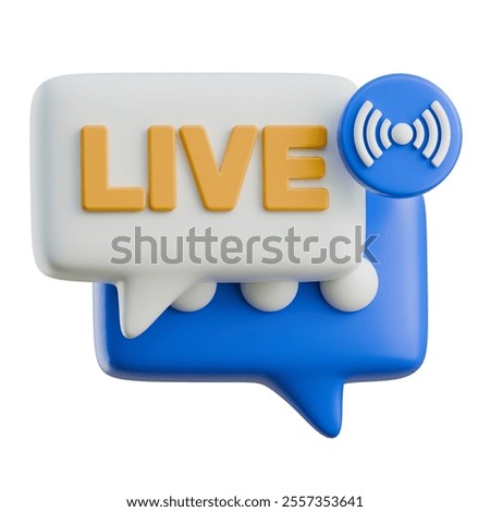 3D rendered image of live streaming announcement.  Social media chat bubbles with live text and wifi symbol.