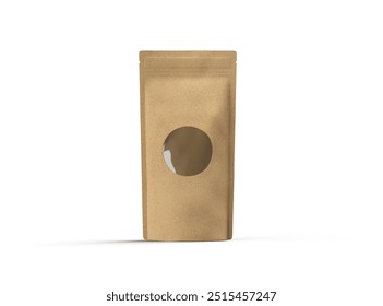 3D rendered image of a paper stand-up pouch with a transparent window on light background