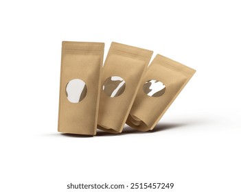 3D rendered image of a paper stand-up pouch with a transparent window on light background