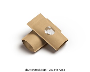 3D rendered image of a paper stand-up pouch with a transparent window on light background