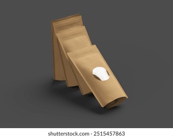 3D rendered image of a paper stand-up pouch with a transparent window on dark background