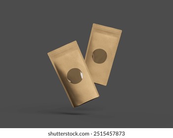 3D rendered image of a paper stand-up pouch with a transparent window on dark background