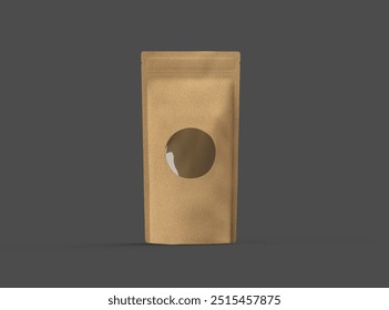 3D rendered image of a paper stand-up pouch with a transparent window on dark background