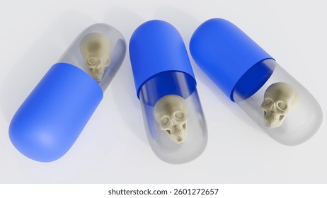 A 3D rendered image of a pill capsule containing a skull. The potential danger of medication, the pills can become a source of harm rather than healing.