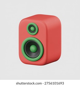 A 3D rendered image of a red speaker with green accents and a black grill on a light gray background, showcasing a modern design with vibrant colors and sleek lines.