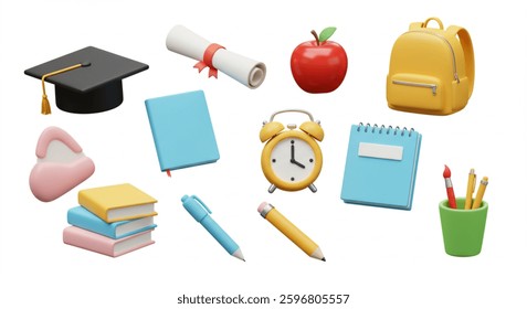 3D rendered image showcasing various school and educationrelated items backpack, books, apple, graduation cap, diploma, notepad, pencils, pen, alarm clock, and eraser. Bright, colorful, and cheerful.