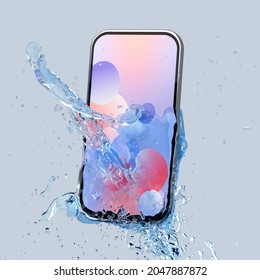 3d rendered image of smartphone splashing into water on blue bac