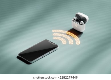 3D rendered image of a smartphone wirelessly connecting to a pair of headphones. The sleek and modern device is seen communicating with the headphones through advanced wireless technology.