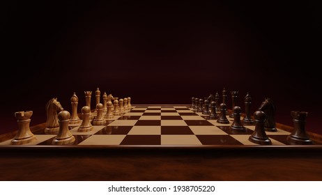 3d Rendered Image Of Wooden Chess Set On Dark Red, Crimson Background. Chess Board And Chess Pieces With Perspective.