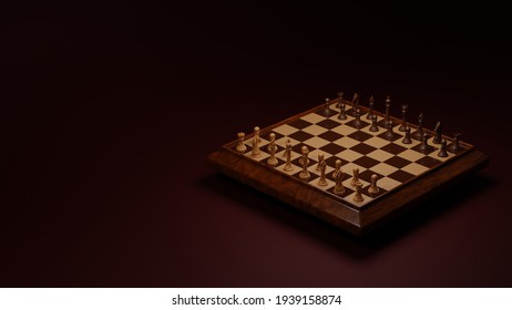 3d Rendered Image Of Wooden Chess Set On Dark Red, Crimson Background. Chess Board And Chess Pieces.