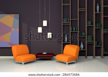 3d rendered interior composition with armchairs, simple shelf and abstract picture.