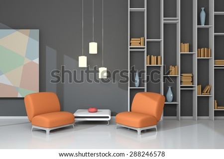 3d rendered interior composition with armchairs, simple shelf and abstract picture.