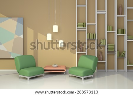 3d rendered interior composition with armchairs, simple shelf and abstract picture.