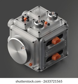 3d rendered isometric cube shape device with set of knobs, faders, switchers and buttons made of frosted transparent plastic material.